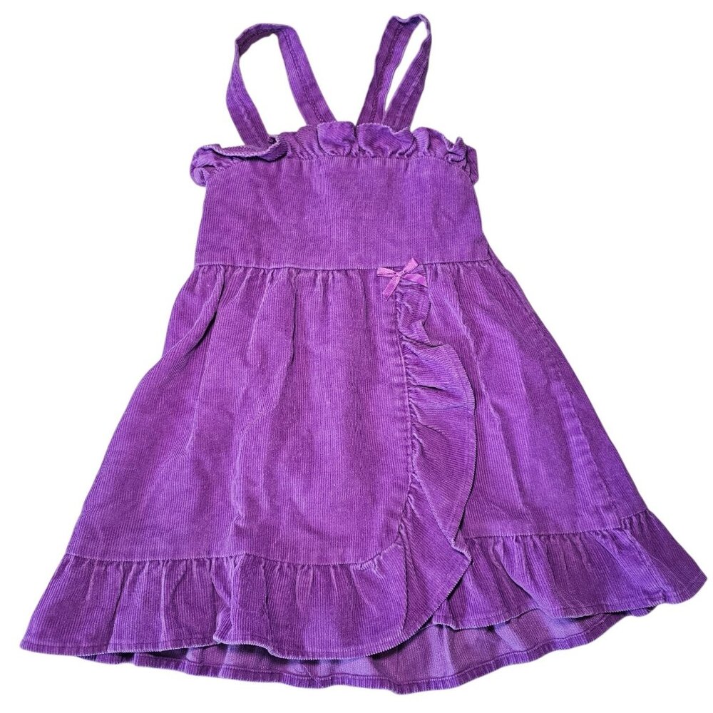 VTG 80s 90s Girls Purple Corduroy Overall‎ Dress Ruffle Pinafore Sz 4/5 USA Made